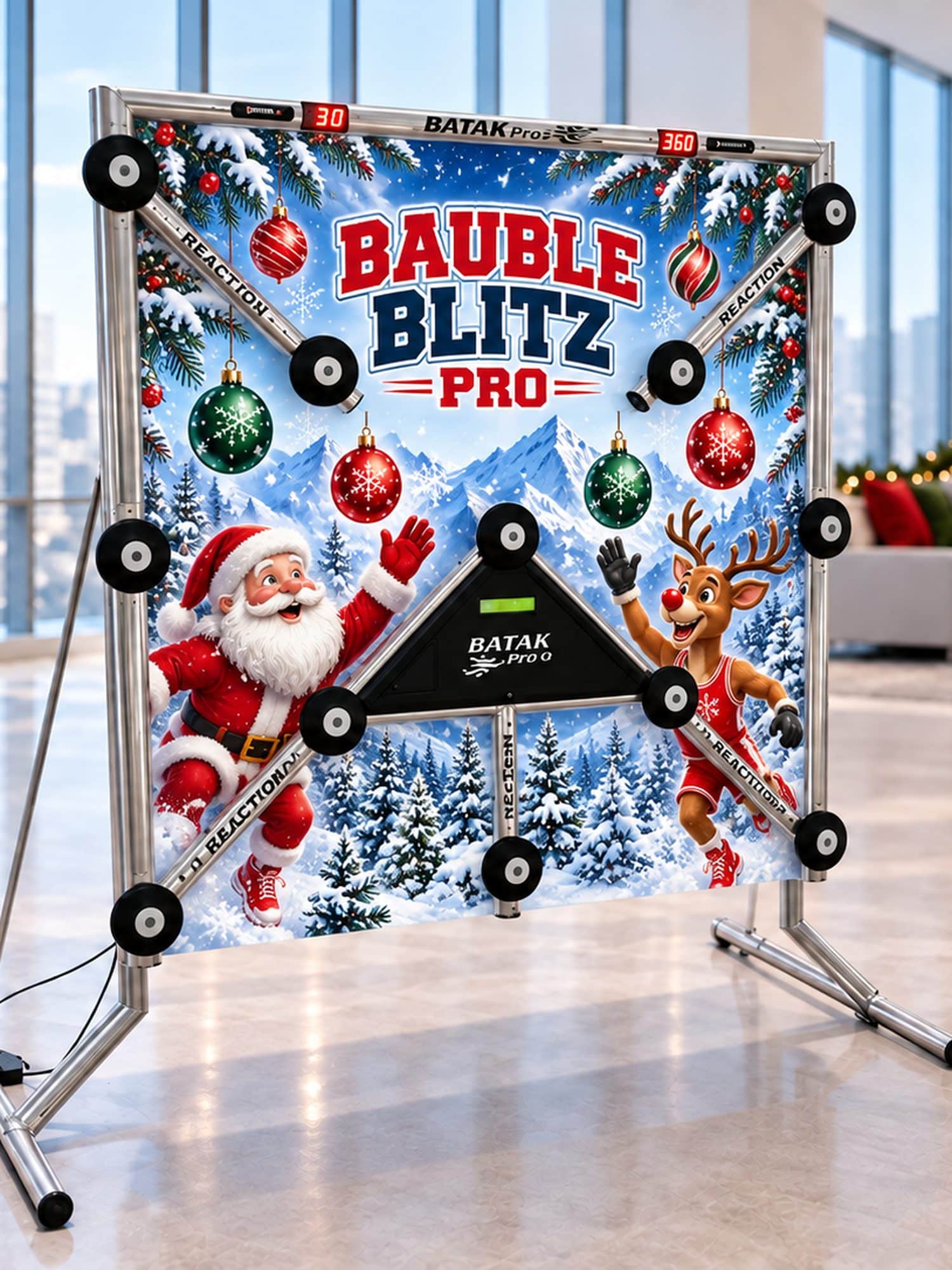 Bauble Blitz Pro - Christmas Batak Pro reaction wall hire Dublin concept artwork | Entertainment Solutions Bauble Blitz Pro Christmas-dressed Batak Pro reaction wall with festive Alpine artwork, set up in an office for a corporate Christmas party (concept artwork)