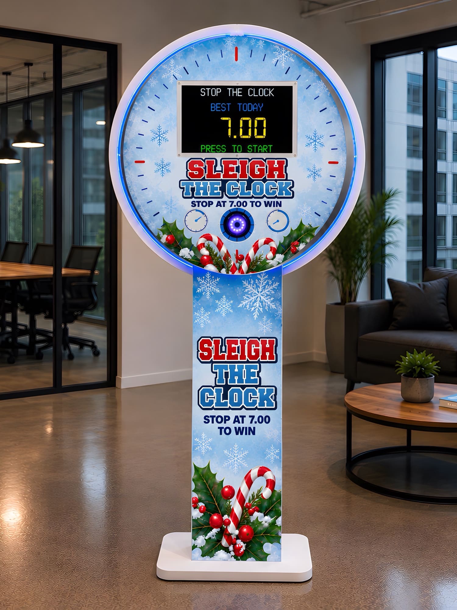 Sleigh the Clock - Christmas Stop the Clock Game Hire Dublin concept artwork | Entertainment Solutions Sleigh the Clock Christmas stop-the-clock reaction game with icy blue snowflake, holly and candy cane artwork in an office (concept artwork)